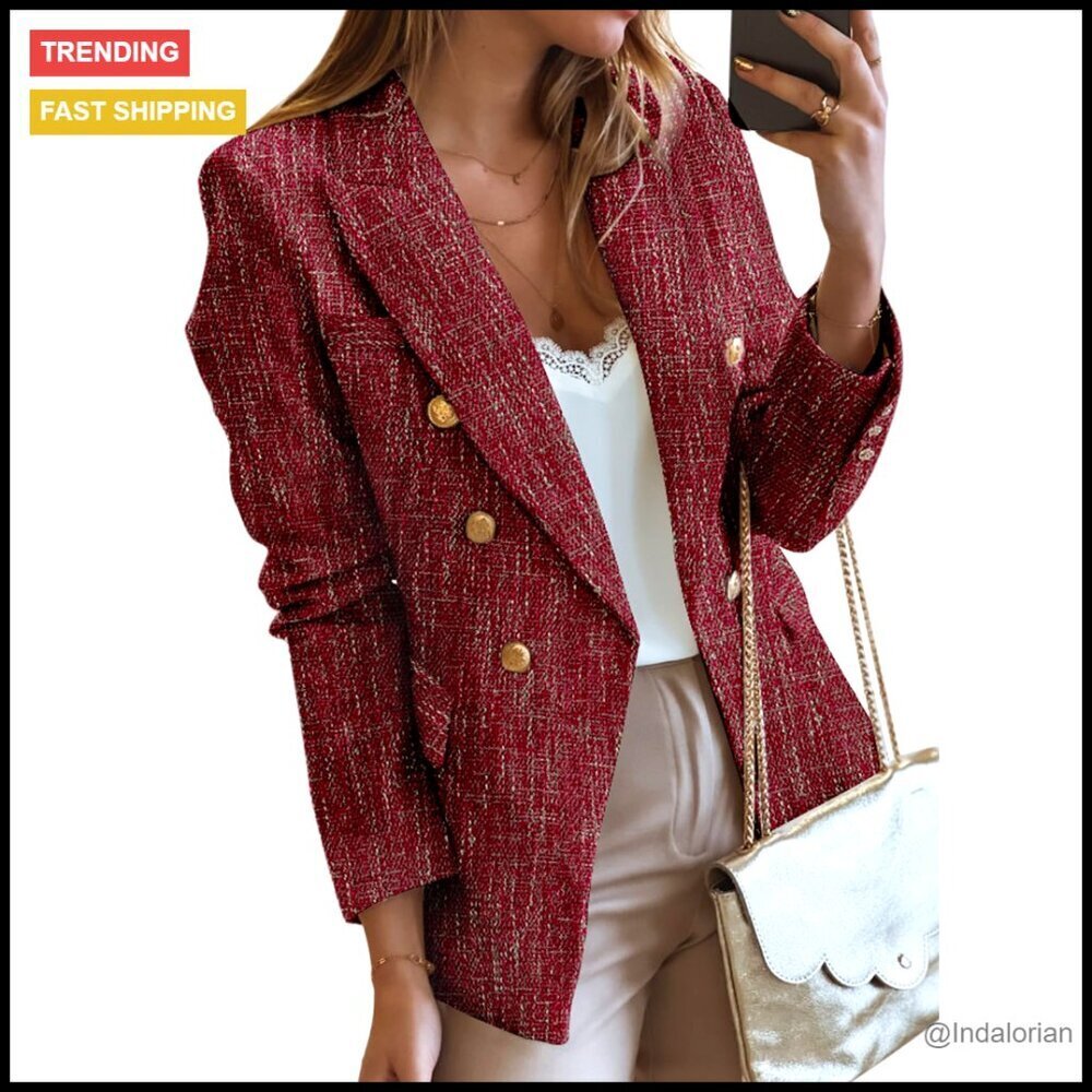 Tweed Blazer Double Breasted Open Front Slim Fit Work Office Casual Chic